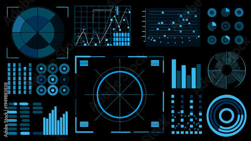 Abstract data visualization with blue geometric shapes and digital interface elements