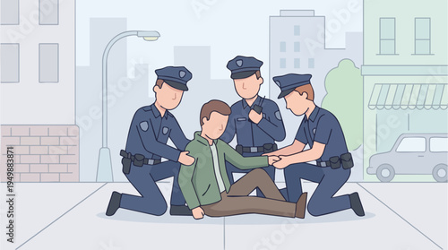 Police officers assisting a man on the street during an emergency response in an urban environment