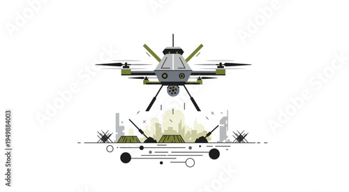 Futuristic Drone Deploying Explosives over a Cityscape, Advanced Military Technology.