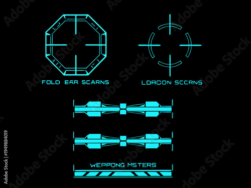 Futuristic targeting reticles and weapon markings in bright cyan tones