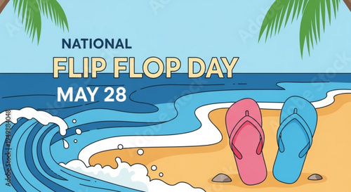 National flip flop day celebration on a sunny beach with colorful flip flops and palm trees on may 28