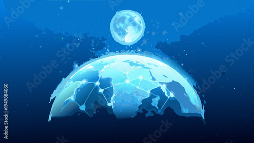 A digital earth with glowing connections and a distant moon overhead