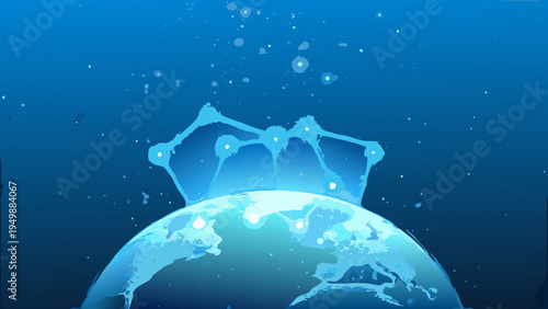 A glowing earth with a fractured watery crown rising upwards