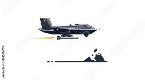 Military Drone Launching Missile Over Mountain Range.