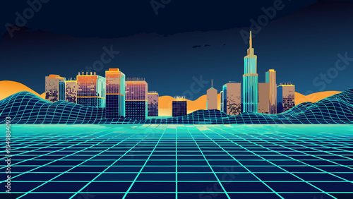Futuristic cityscape rendered in a vibrant retro wave style with glowing lines