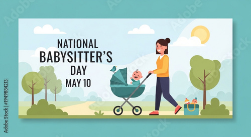 Woman pushing baby stroller on sunny day celebrating national babysitter's day on may 10 outdoors in park with trees and cloudy sky