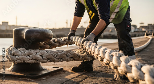 A worker secures a thick rope at a dock during sunrise.