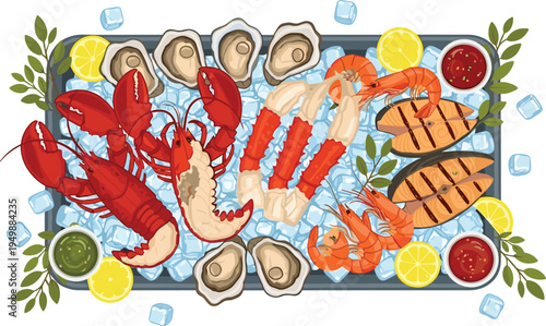 Seafood Platter with Lobster, Crab Legs, Shrimp, Oysters and Grilled Fish on Ice Gourmet Restaurant Seafood Vector Illustration
