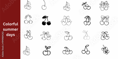 Cherry Fruit Icon Set with Hand Drawn Botanical Sketches of Whole Sliced and Stemmed Summer Berries