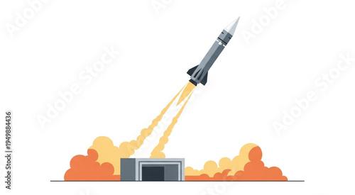 Rocket Launching into Space with Fiery Exhaust and Support Structure.