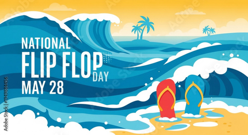 National flip flop day may 28 beach scene with red and blue flip flops