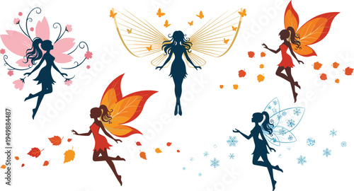 Seasonal Fairy Silhouettes Set with Spring, Summer, Autumn and Winter Fairy Characters with Wings and Nature Elements Vector Illustration