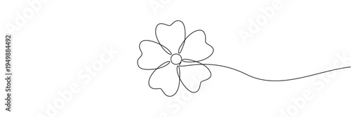 Minimalist continuous one line drawing of a single flower blossom with five petals. Editable stroke outline. Draw thin linear width. Single contour art. Doodle hand drawn vector illustration