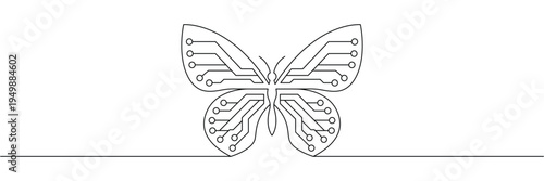 Continuous one line drawing of butterfly with electronic circuit board pattern wings for technology concept design. Editable stroke outline. Single contour art. Doodle hand drawn vector illustration