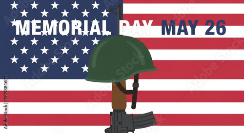 Memorial day illustration with american flag helmet and rifle honoring fallen soldiers on may 26