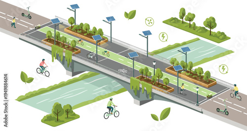 Eco Friendly Green Bridge with Bicycle Lane, Solar Panels, Urban Gardening and Sustainable Smart City Infrastructure Vector Illustration