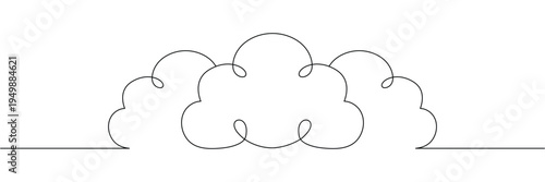Minimalist continuous one line drawing of three fluffy clouds in the sky for weather and nature design. Editable stroke outline. Single contour art. Doodle hand drawn vector illustration