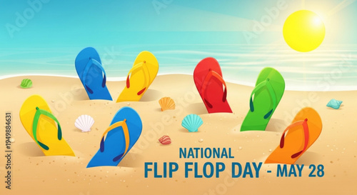 Colorful flip flops on sandy beach for national flip flop day on may 28 with seashells and sunny background
