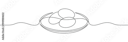 Continuous one line drawing of three fresh eggs sitting on a simple round ceramic plate. Editable stroke outline. Single contour art. Doodle hand drawn vector illustration