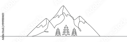 Continuous one line drawing of mountain range with pine trees in minimalist black white style. Editable stroke outline. Single contour art. Doodle hand drawn vector illustration