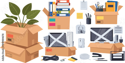 Office Moving and Packing Set with Cardboard Boxes, Computer Equipment, Documents, Stationery and Houseplant Workplace Relocation Vector Illustration