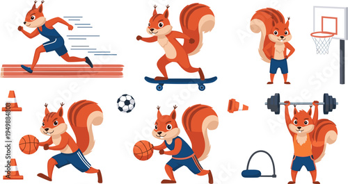 Cute Cartoon Squirrel Athlete Set Playing Basketball, Running, Skateboarding and Weightlifting Funny Animal Sports Character Vector Illustration