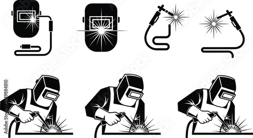 Welder and welding equipment silhouettes set, industrial metal welding worker with mask torch sparks vector illustration collection