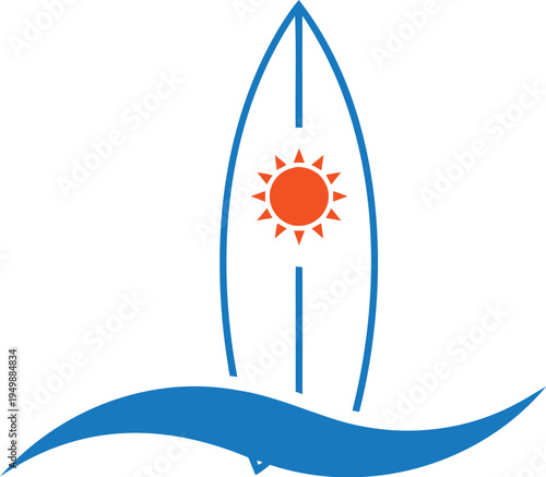 Vector surfboard icon with sun and wave