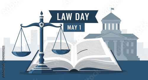 Law day may 1st illustration with scales and book in front of courthouse