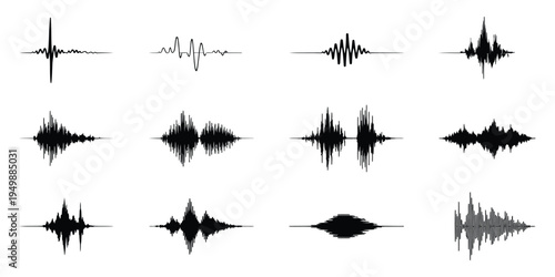 Visual representation of sound waves an array of audio signals, digital audio waveform display showing sound frequency amplitude and signal patterns for music and sound engineering