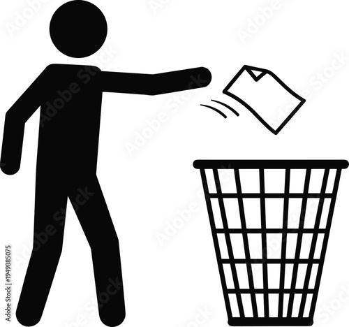 Throwing trash into bin icon, person disposing waste in garbage basket recycling cleanliness hygiene concept vector illustration