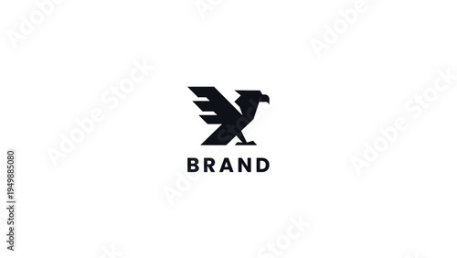 Minimalist graphic of a stylized eagle with the word 'BRAND' below it, signifying strength and branding identity