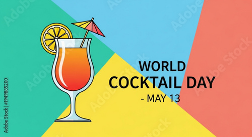 Vibrant cocktail glass with umbrella and orange slice on colorful background for world cocktail day