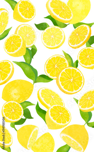 葉付きレモンの散らばる透過背景_縦