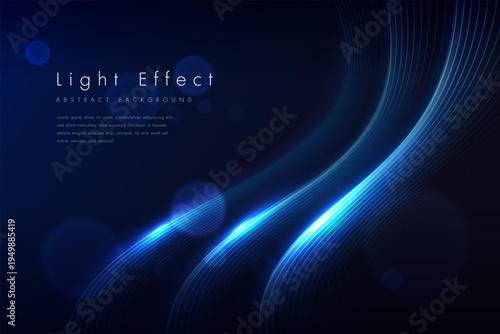 Abstract background with wavy blue lines. Sparkling light effect with bokeh. Futuristic and modern technology concept.