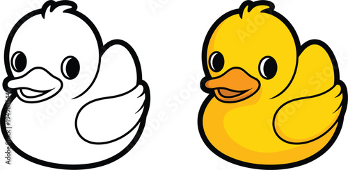 Cute yellow rubber ducky icons set with outline version isolated on white background vector illustration