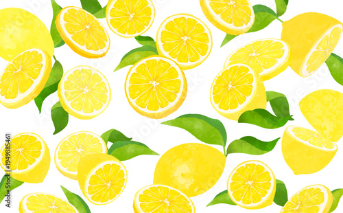 葉付きレモンの散らばる背景_横