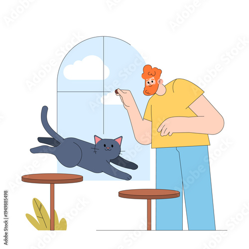 Man Playing with Cat Using Toy Vector Illustration