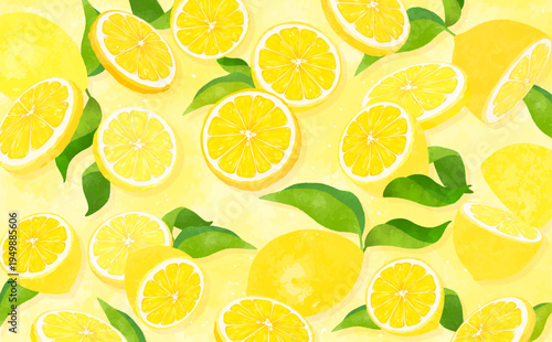 葉付きレモンの散らばる背景2_横