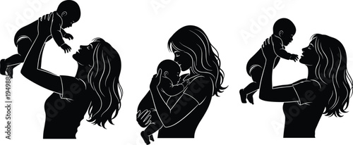 Mother holding baby silhouette set, loving mom and child bonding moments, motherhood parenting family care concept isolated illustration