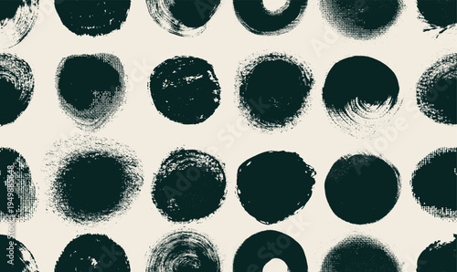 Circle grunge seamless pattern stamps and seals set with hand drawn rough round shapes. Sun symbols, brush stroke circles and dots inspired by Japanese and Chinese calligraphy. Vector elements pattern