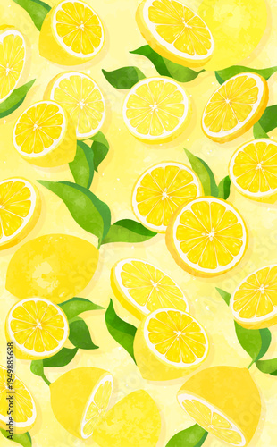 葉付きレモンの散らばる背景2_縦