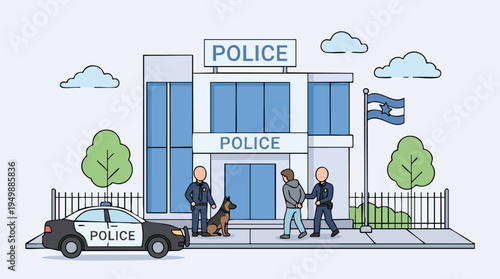 Police officers conversing outside a modern police station with a police car and dog, symbolizing law enforcement and community safety