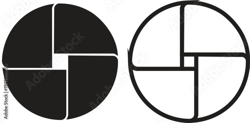 Two abstract circular geometric designs, one solid black and one outline, both featuring four curved quadrants converging to a central square.