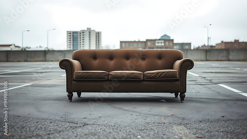 flagrant. A worn-out sofa on an empty urban lot, overcast daylight. real-estate listings, architecture portfolios, designed for interior renovation comparisons for interiors.