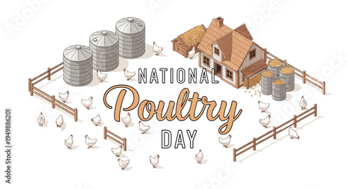 Illustration of a farm with chickens and a house on National Poultry Day with vector graphics and design elements for poultry farming concept and industry.
