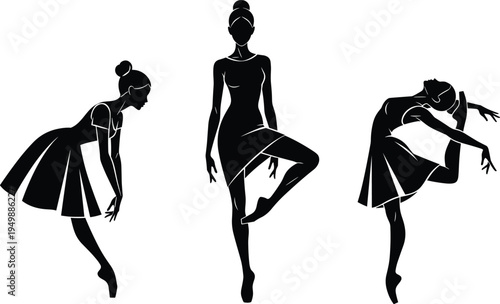 Ballet dancer silhouettes set, graceful ballerina poses illustration, classical dance performance art, elegant female ballet vector design collection