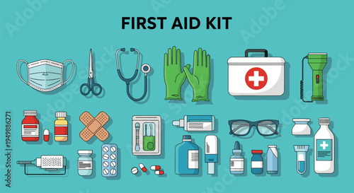 First aid kit medical supplies collection, healthcare emergency equipment set including mask gloves syringe bandage medicine vector illustration