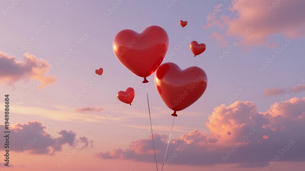 Fototapeta premium Floating Red Heart-Shaped Balloons in a Colorful Sunset Sky