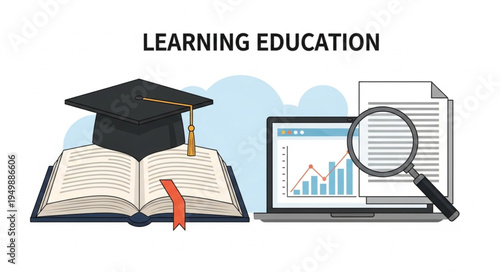 Open Book Graduation Cap Laptop Magnifying Glass and Charts Representing Learning and Education.
